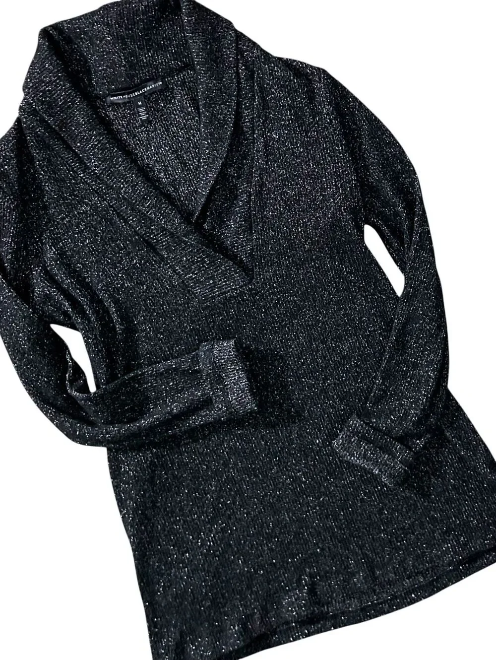 WHITE HOUSE BLACK MARKET Womens M Black Glitter Faux Wrap Cowl Neck Slit Sweater
